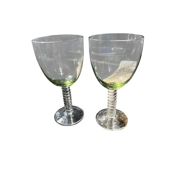 2 Green Stemmed Wine Glasses Wafer Design By Signature Rincon - Picture 4 of 8
